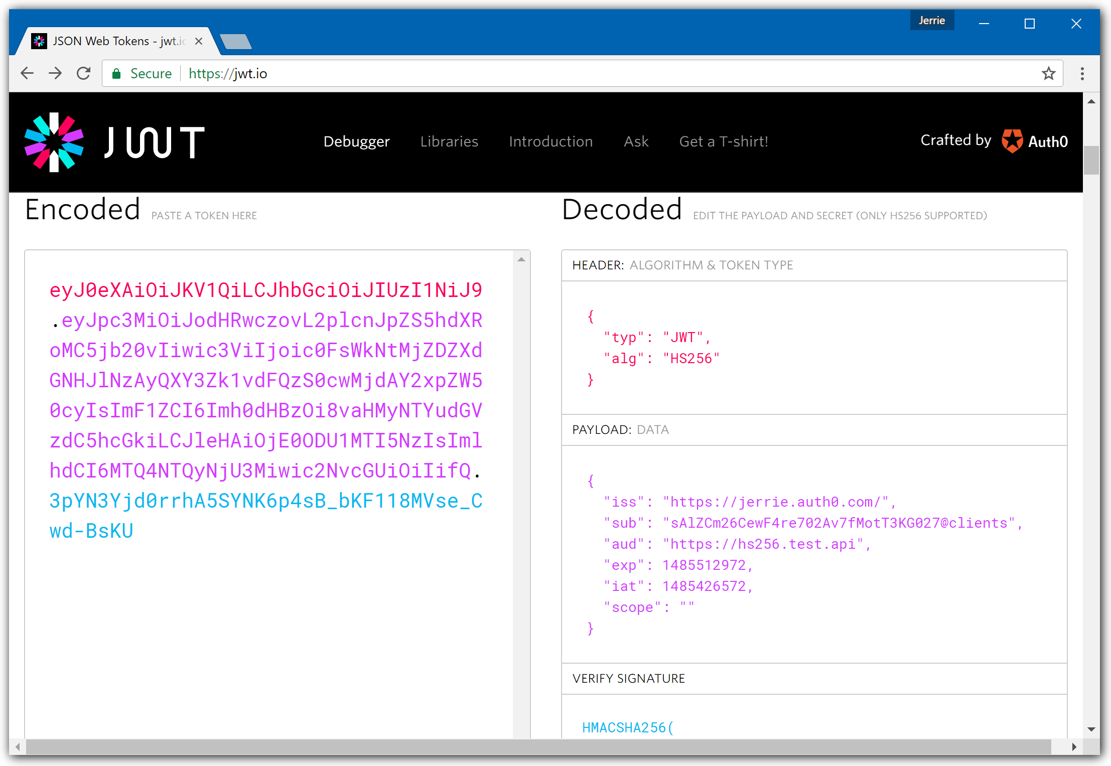 Debugging a JWT on JWT.io